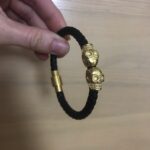 Black Genuine Leather Gold Twin Mens Skull Jewelry Bracelet