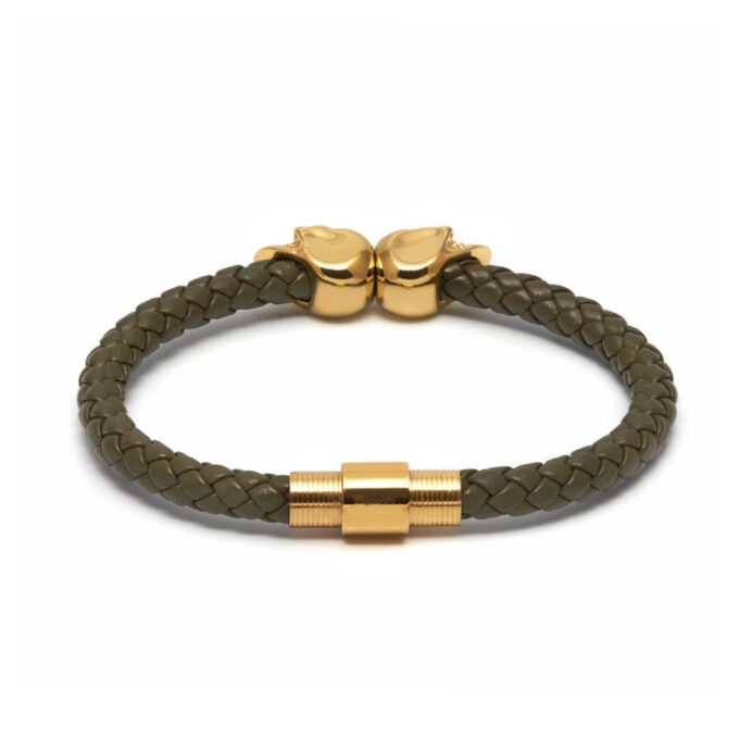 Army Green Genuine Leather Gold Twin Mens Skull Jewelry Bracelet - Image 2
