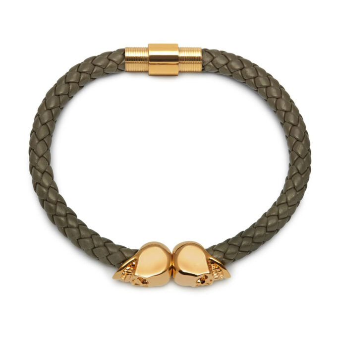 Army Green Genuine Leather Gold Twin Mens Skull Jewelry Bracelet - Image 3