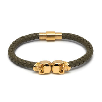 Army Green Genuine Leather Gold Twin Mens Skull Jewelry Bracelet