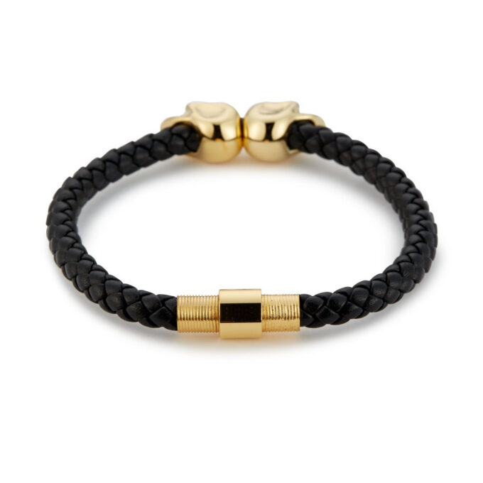 Black Genuine Leather Gold Twin Mens Skull Jewelry Bracelet - Image 2