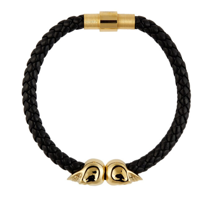Black Genuine Leather Gold Twin Mens Skull Jewelry Bracelet - Image 3