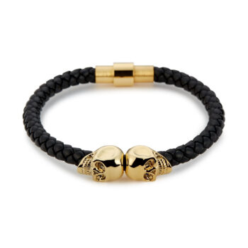 Black Genuine Leather Gold Twin Mens Skull Jewelry Bracelet