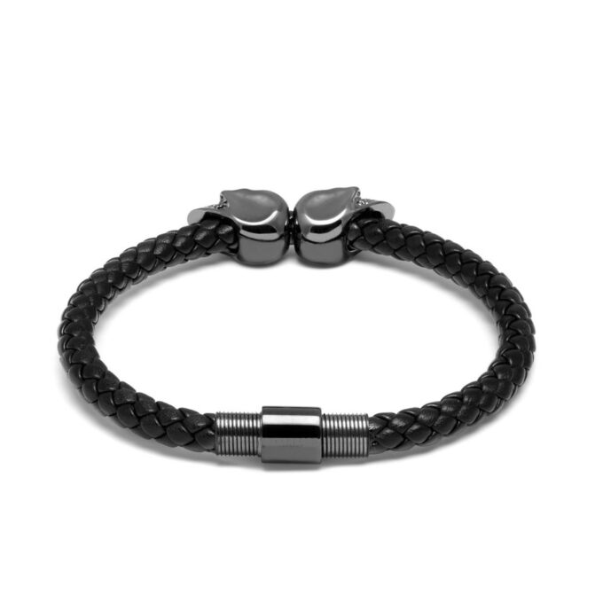 Black Genuine Leather Gunmetal Twin Mens Skull Jewelry Bracelet - Image 2