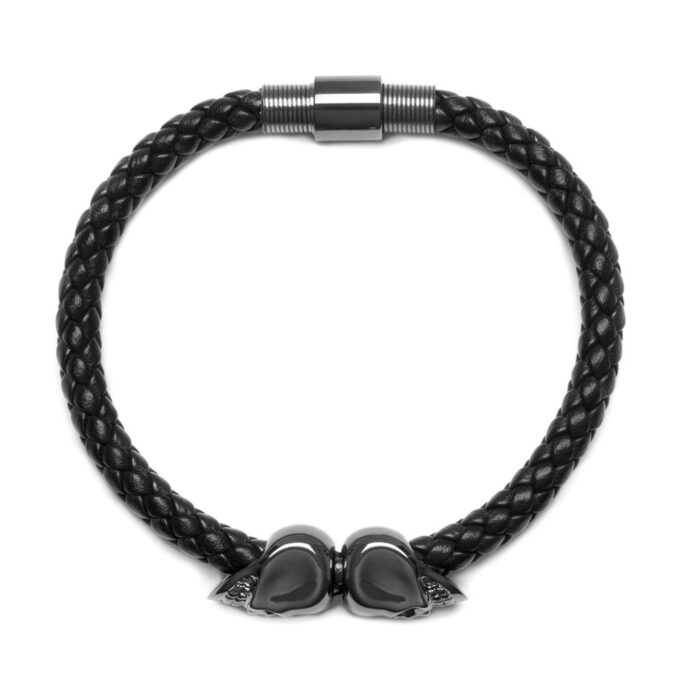Black Genuine Leather Gunmetal Twin Mens Skull Jewelry Bracelet - Image 3