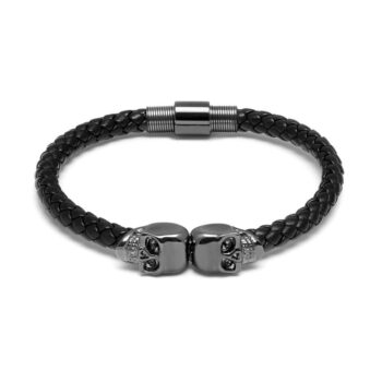 Black Genuine Leather Gunmetal Twin Mens Skull Jewelry Bracelet