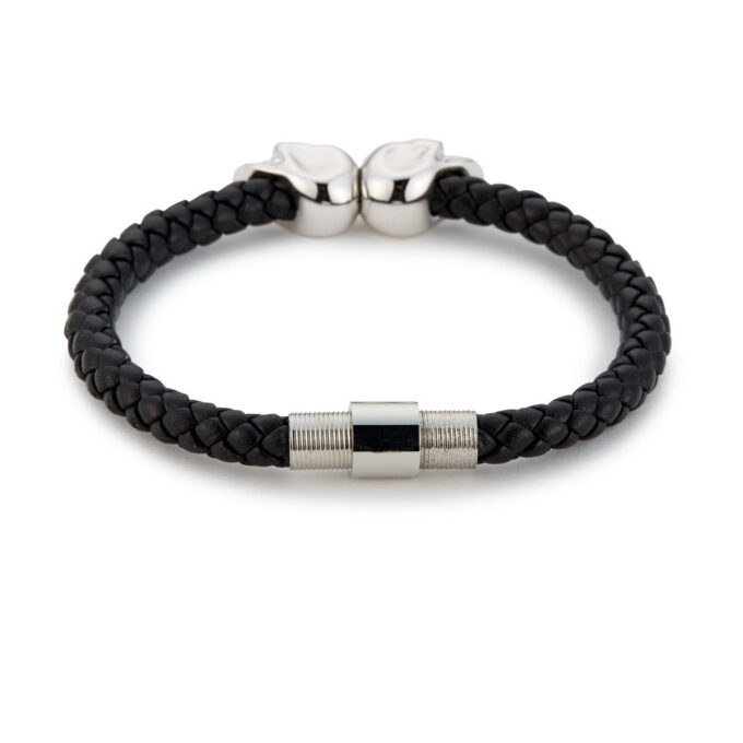 Black Genuine Leather Silver Twin Mens Skull Jewelry Bracelet - Image 2