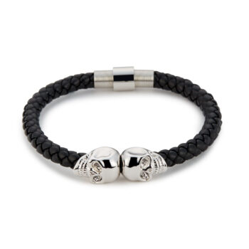Black Genuine Leather Silver Twin Mens Skull Jewelry Bracelet