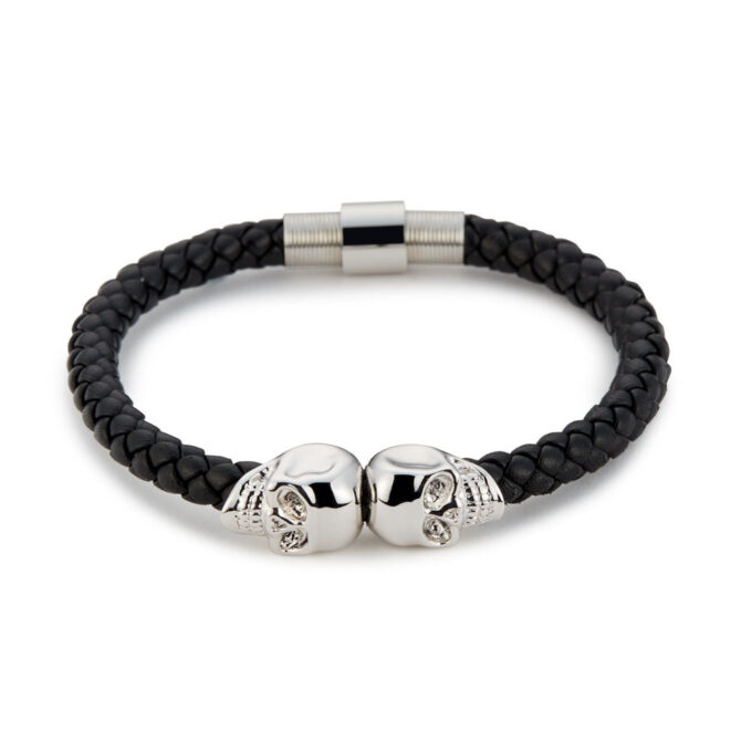 Black Genuine Leather Silver Twin Mens Skull Jewelry Bracelet
