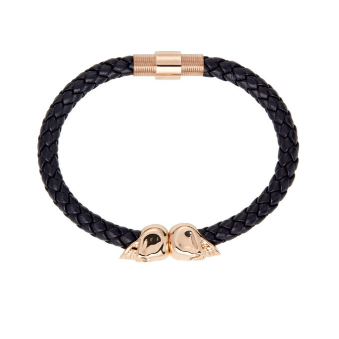 Black Genuine Leather Rose Gold Twin Mens Skull Jewelry Bracelet - Image 3