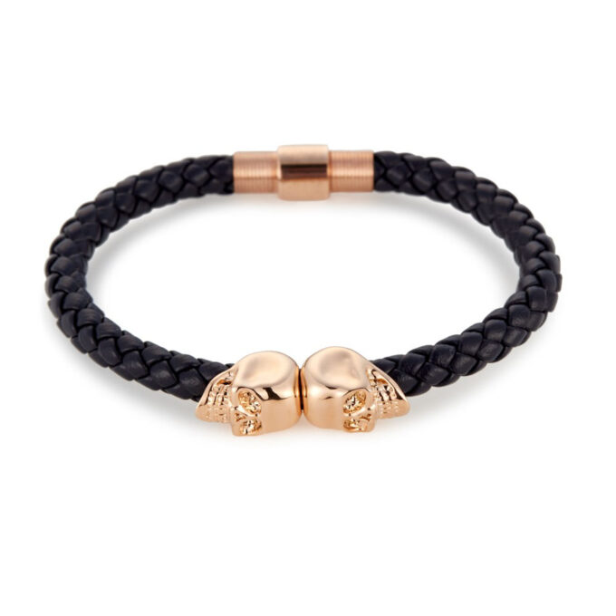 Black Genuine Leather Rose Gold Twin Mens Skull Jewelry Bracelet
