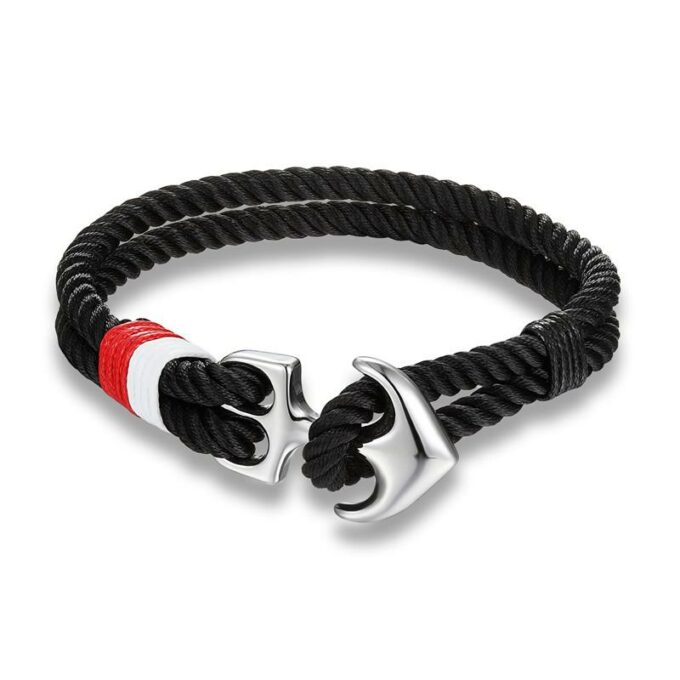 Black Rope Silver Nautical Anchor Bracelet