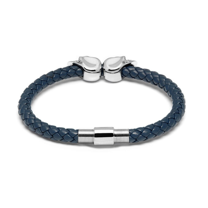 Blue Genuine Leather Silver Twin Mens Skull Jewelry Bracelet - Image 2