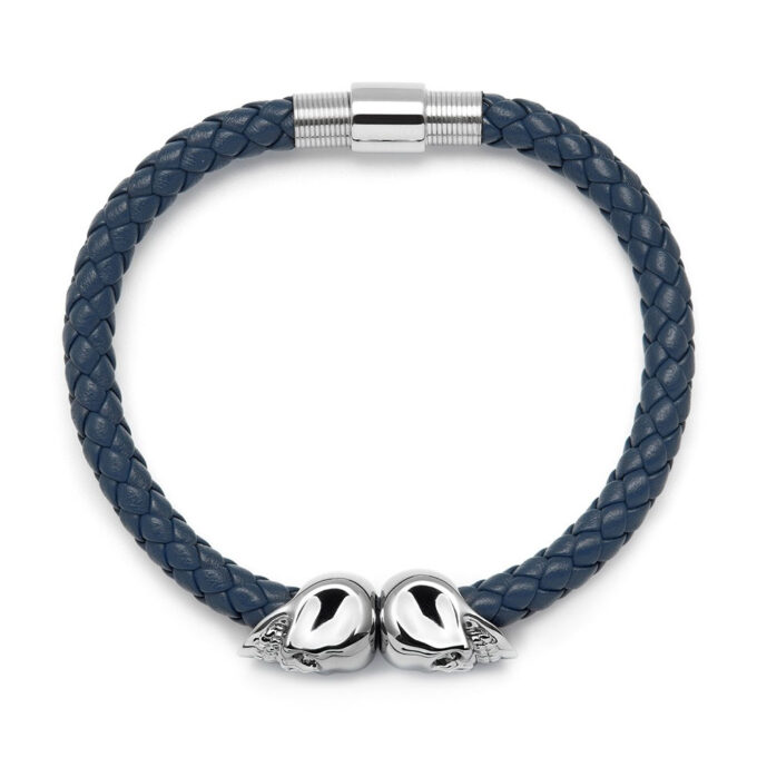 Blue Genuine Leather Silver Twin Mens Skull Jewelry Bracelet - Image 3