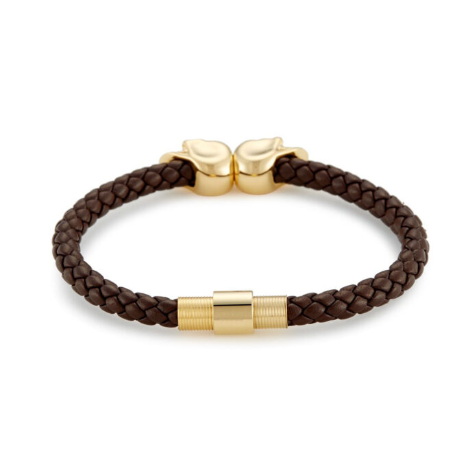 Brown Genuine Leather Gold Twin Mens Skull Jewelry Bracelet - Image 2