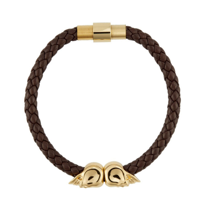 Brown Genuine Leather Gold Twin Mens Skull Jewelry Bracelet - Image 3