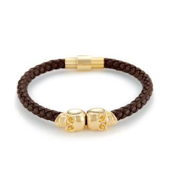 Brown Genuine Leather Gold Twin Mens Skull Jewelry Bracelet