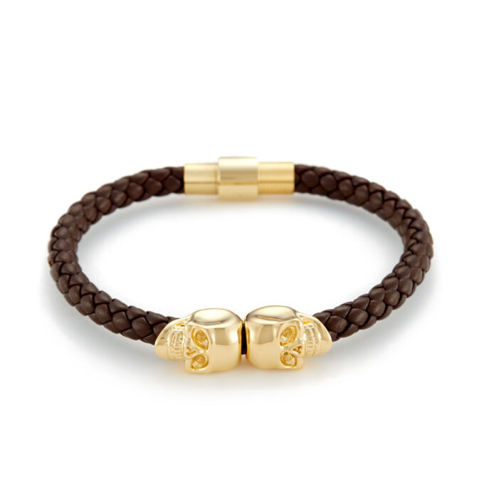 Brown Genuine Leather Gold Twin Mens Skull Jewelry Bracelet