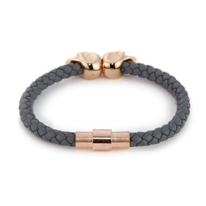 Grey Genuine Leather Rose Gold Twin Mens Skull Jewelry Bracelet - Image 2