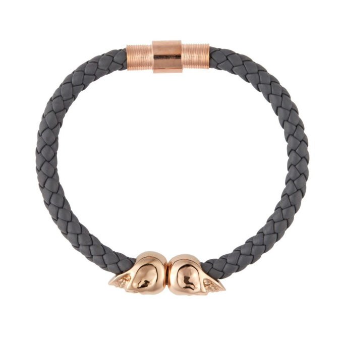 Grey Genuine Leather Rose Gold Twin Mens Skull Jewelry Bracelet - Image 3