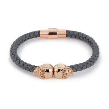 Grey Genuine Leather Rose Gold Twin Mens Skull Jewelry Bracelet