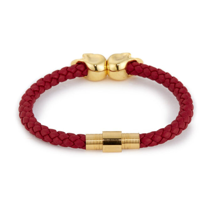 Red Genuine Leather Gold Twin Mens Skull Jewelry Bracelet - Image 2