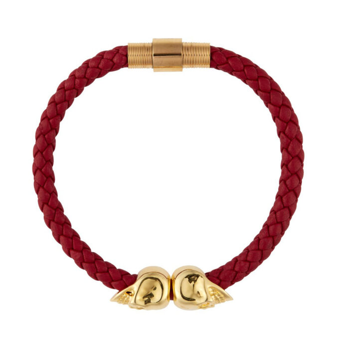 Red Genuine Leather Gold Twin Mens Skull Jewelry Bracelet - Image 3