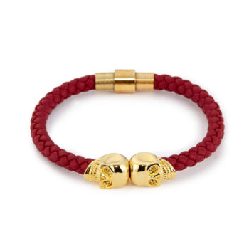 Red Genuine Leather Gold Twin Mens Skull Jewelry Bracelet