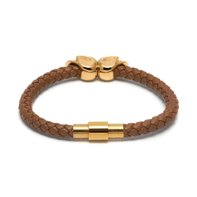 Tan Genuine Leather Gold Twin Mens Skull Jewelry Bracelet - Image 2