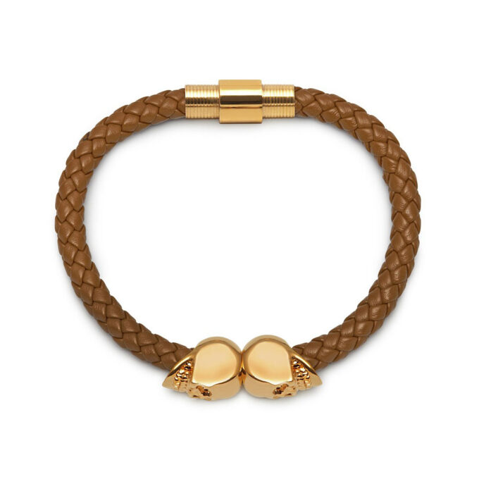 Tan Genuine Leather Gold Twin Mens Skull Jewelry Bracelet - Image 3