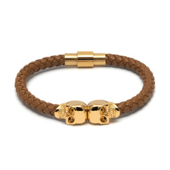 Tan Genuine Leather Gold Twin Mens Skull Jewelry Bracelet