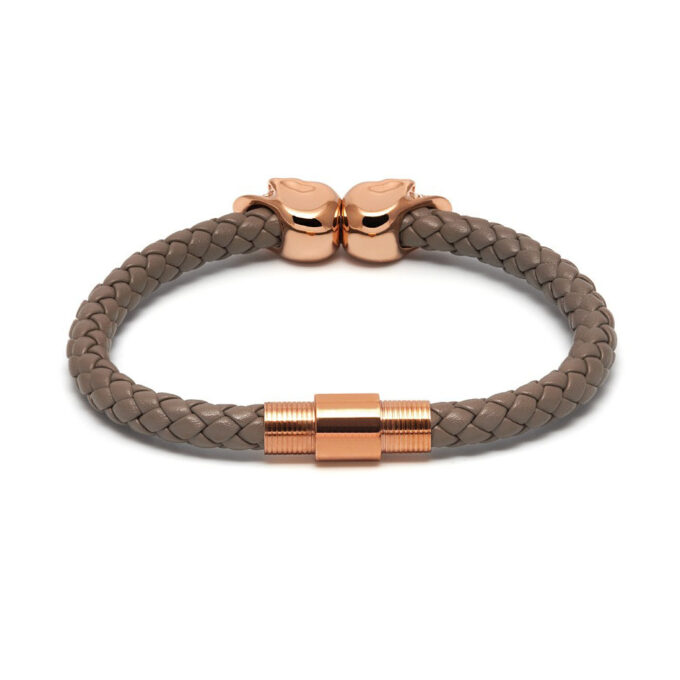Taupe Genuine Leather Rose Gold Twin Mens Skull Jewelry Bracelet - Image 2