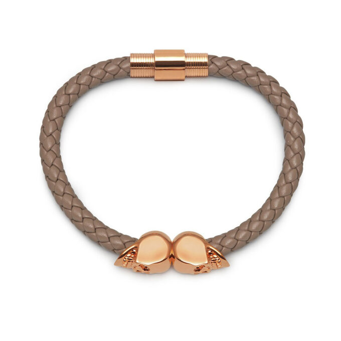 Taupe Genuine Leather Rose Gold Twin Mens Skull Jewelry Bracelet - Image 3
