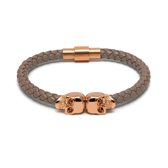 Taupe Genuine Leather Rose Gold Twin Mens Skull Jewelry Bracelet