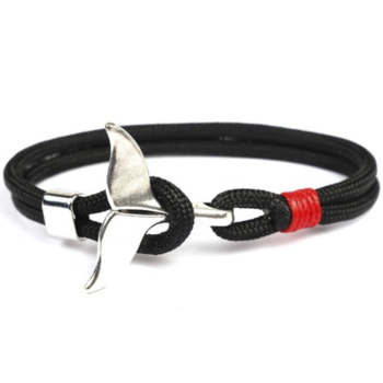 Black Cotton Rope Silver Whale Tail Nautical Anchor Bracelet