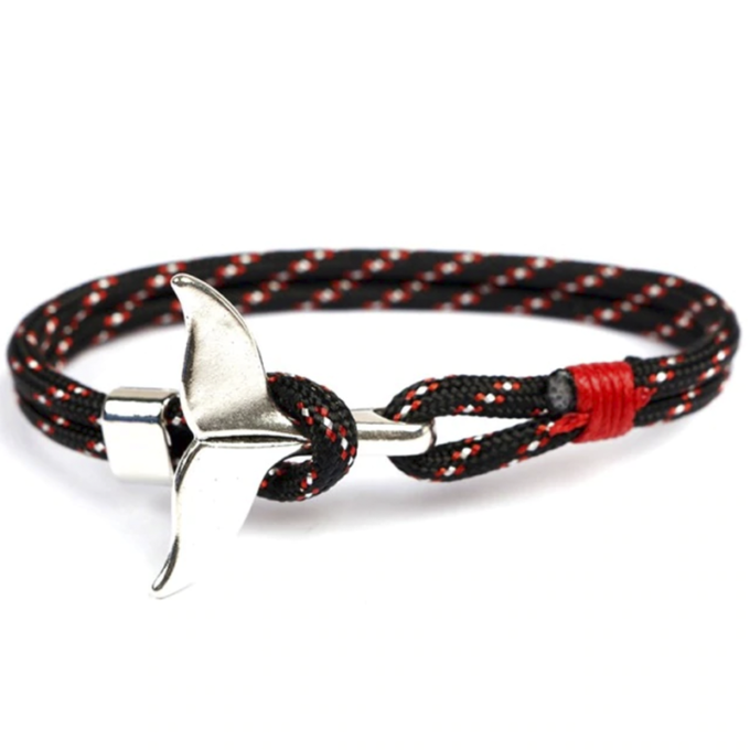 Black&Red Cotton Rope Silver Whale Tail Nautical Anchor Bracelet