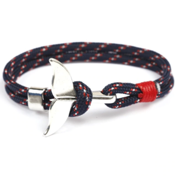 Dark Blue Cotton Rope Silver Whale Tail Nautical Anchor Bracelet