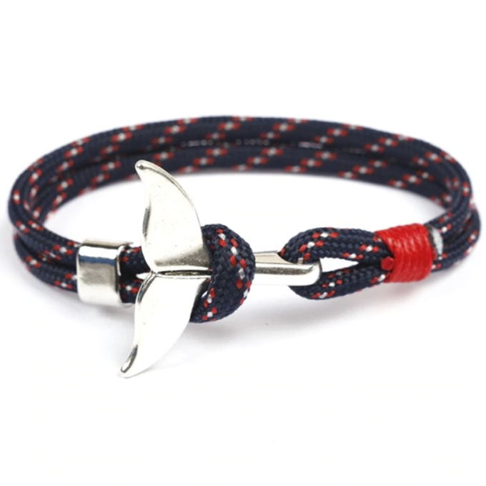 Dark Blue Cotton Rope Silver Whale Tail Nautical Anchor Bracelet