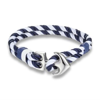 White&Blue Rope Silver Nautical Anchor Bracelet