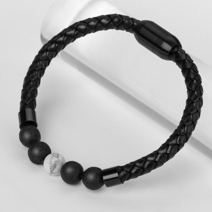 Magnetic Clasp White Howlite Genuine Leather Diffuser Bracelet - Image 3