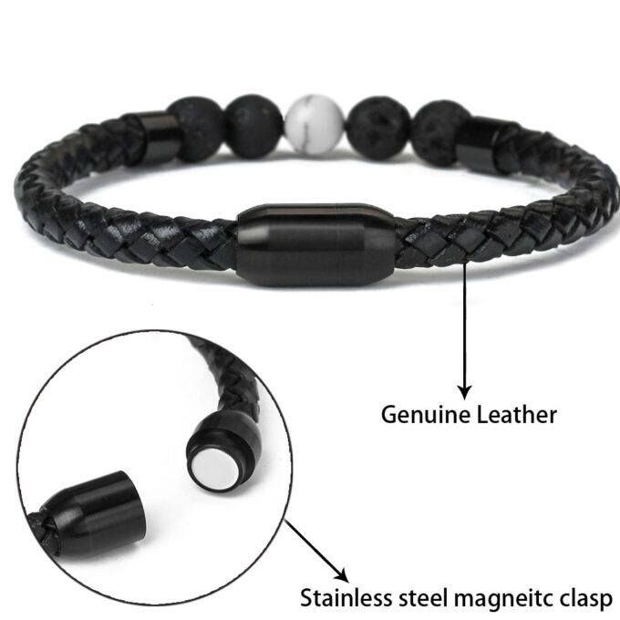 Magnetic Clasp White Howlite Genuine Leather Diffuser Bracelet - Image 4