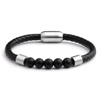 Magnetic Clasp Black Onyx Genuine Leather Diffuser Bracelet
