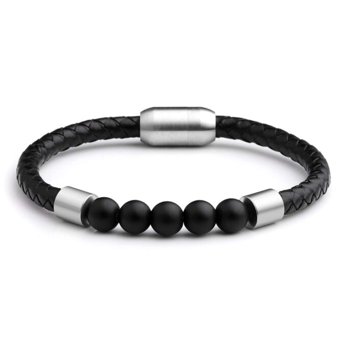 Magnetic Clasp Black Onyx Genuine Leather Diffuser Bracelet