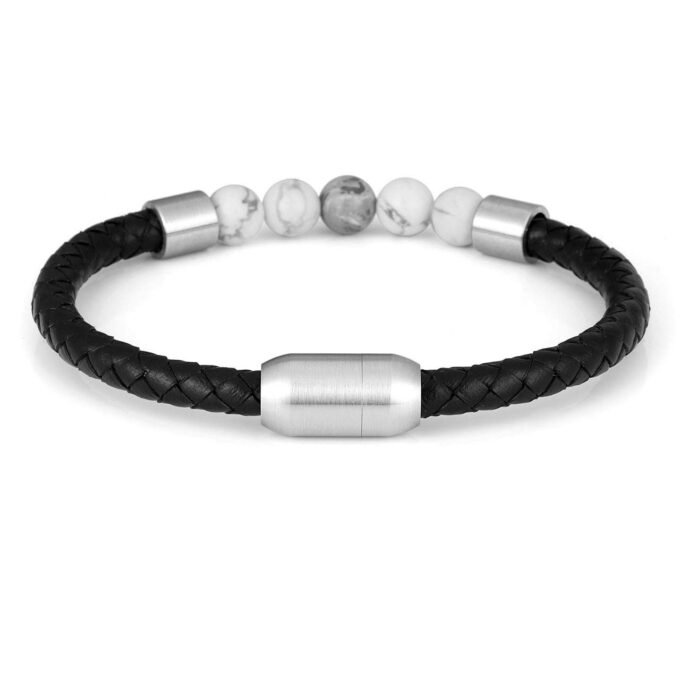 Silver Magnetic Clasp White Howlite Genuine Leather Diffuser Bracelets - Image 2