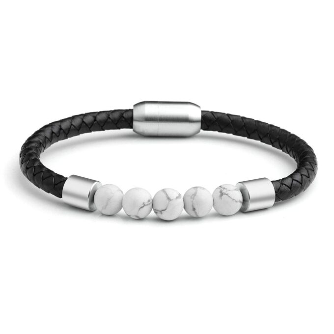 Silver Magnetic Clasp White Howlite Genuine Leather Diffuser Bracelets