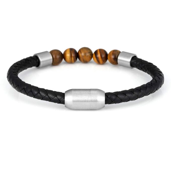 Silver Magnetic Clasp Tiger Eye Genuine Leather Diffuser Bracelet - Image 2