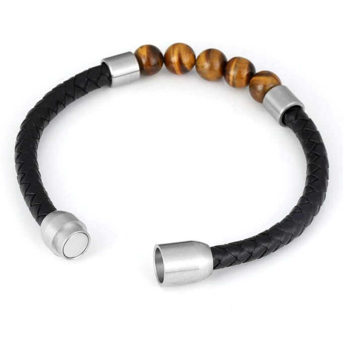 Silver Magnetic Clasp Tiger Eye Genuine Leather Diffuser Bracelet - Image 3