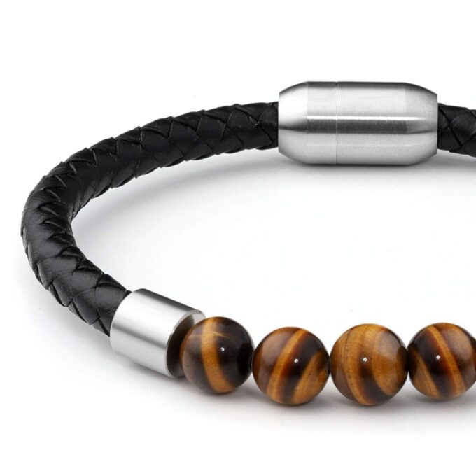Silver Magnetic Clasp Tiger Eye Genuine Leather Diffuser Bracelet - Image 4