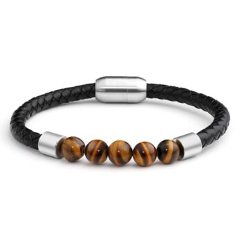 Silver Magnetic Clasp Tiger Eye Genuine Leather Diffuser Bracelet