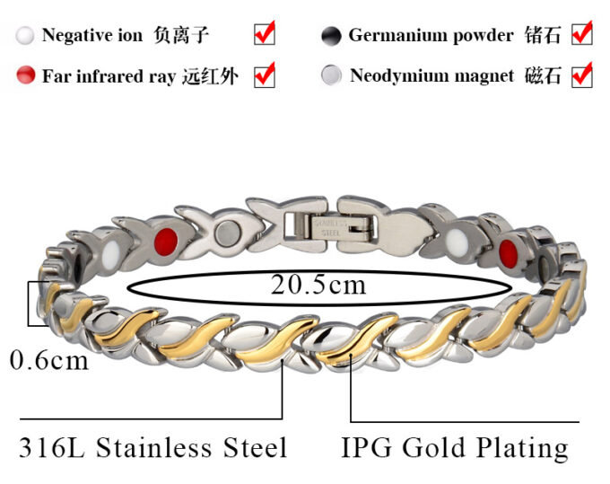 Gold Silver Titanium Steel Magnetic Therapy Health Link Bracelet for Pain Relief - Image 3